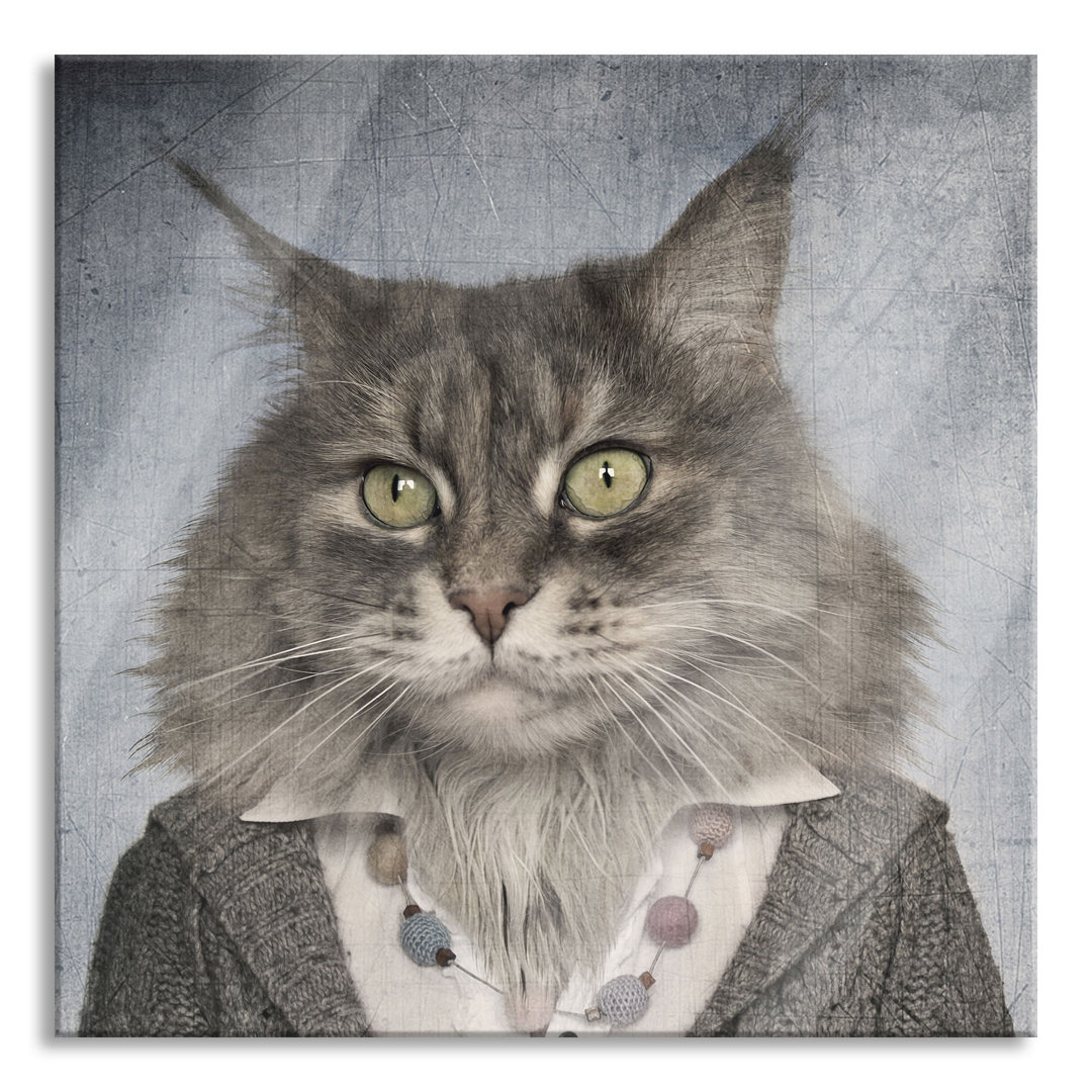 Ungerahmter Fotodruck auf Glas "Cat Head with Human Body Blazer"