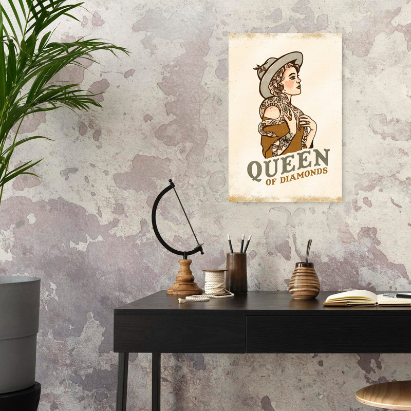Queen of Diamonds, rustique, rétro, serpent, portrait abstrait, art mural, 24" H x 16" W