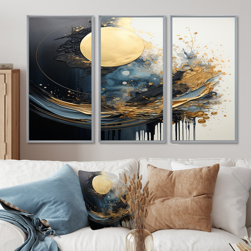 «Golden Full Moon Rising Ocean Waves II», ensemble d'art mural paysage abstrait, Encadrement argenté
