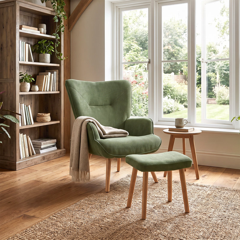 Upholstered Armchair With Footstool, Green Corduroy