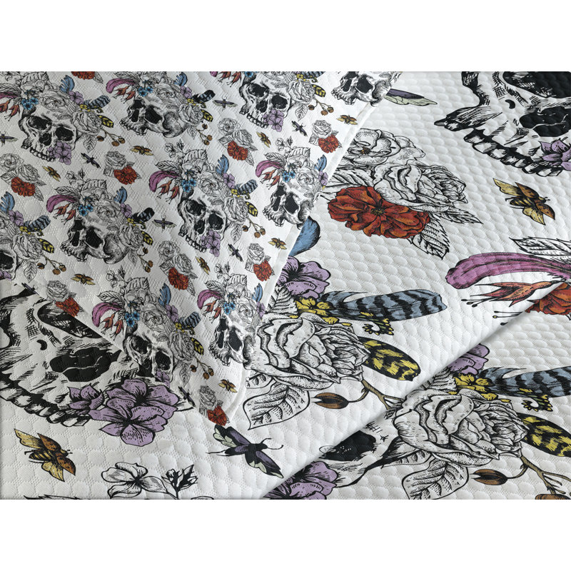 White Quilted King Bedspread Set with Skull and Flower Print