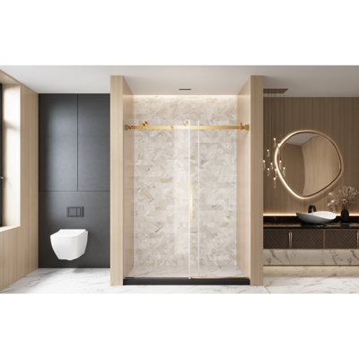 Porte de douche coulissante simple pour salle de bain de 56 à 60 po x H 76 po, verre trempé transparent de 6 mm, film, rail carré en acier inoxydable, poignée en or brossé, roulettes de 4,8 cm pour un coulissement durable et silencieux,