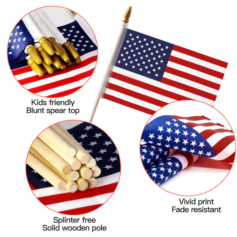 Patriotic 18'' x 12'' Polyester American Stick Flags with Wooden Poles