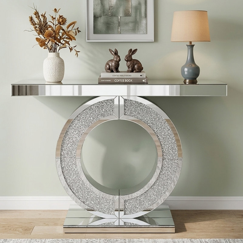 Table console moderne avec miroir large de 42,9 po avec base en forme de O Crystal, Argent