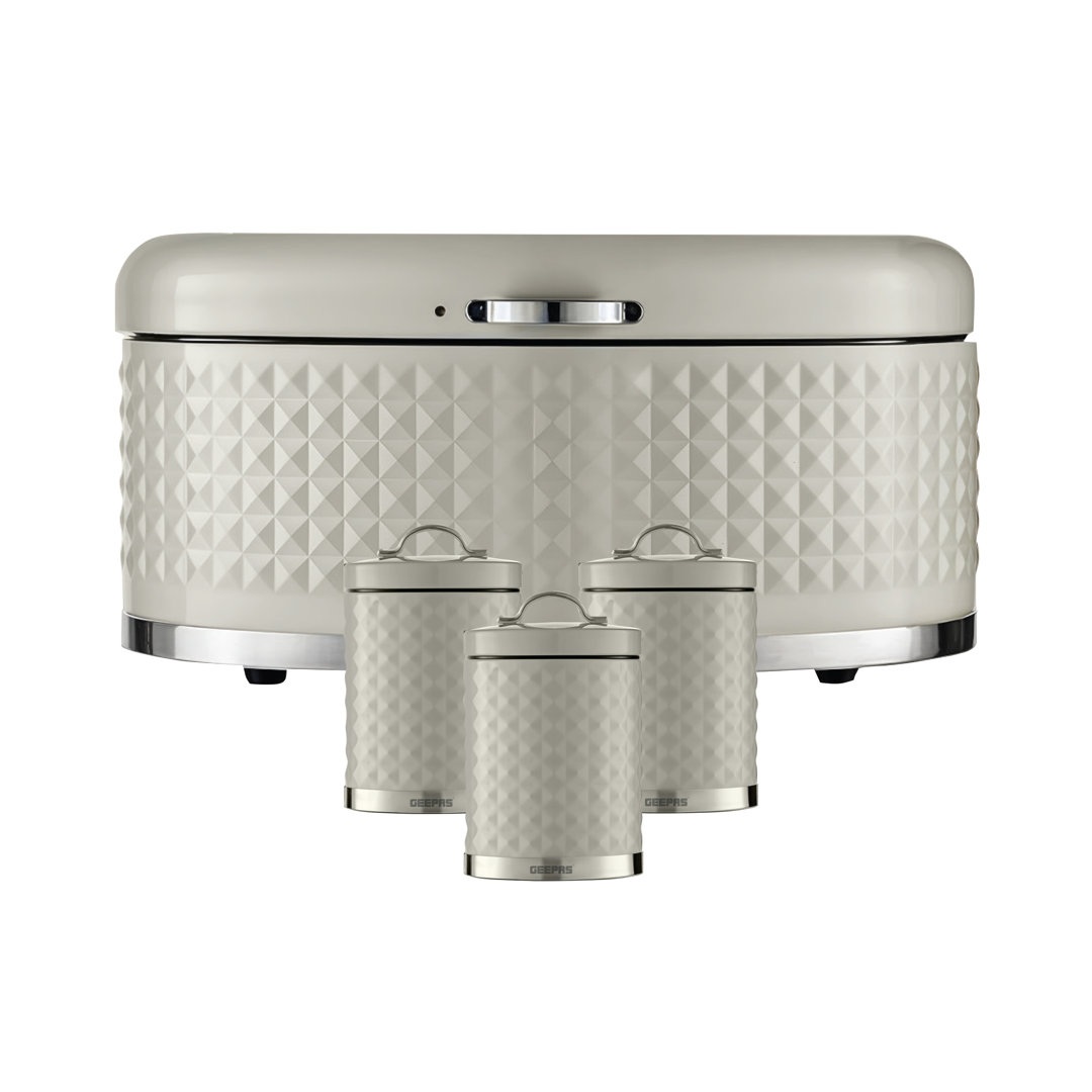GEEPAS Argyle Tea Coffee Sugar Canister & Bread Bin Set | 13L Bread Box 1.4L Airtight Canister Set | Carbon Steel Build Kitchen Counter Storage Space