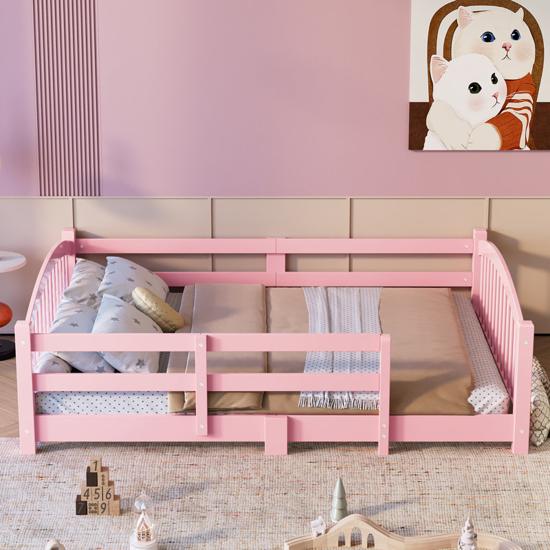 Lit double Montessori avec lattes et barrières de sécurité, lit pour enfants en bois massif, sans porte, facile à assembler, rose