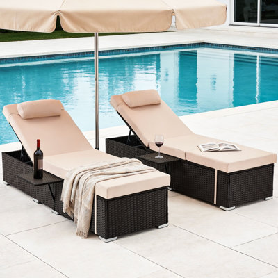 Outdoor Chaise Lounge with Side Table – No Extra Table Needed. 400lbs Heavy Duty Wicker Patio Chair with Metal Feet & 9-Position Recline Khaki (Set of 4)