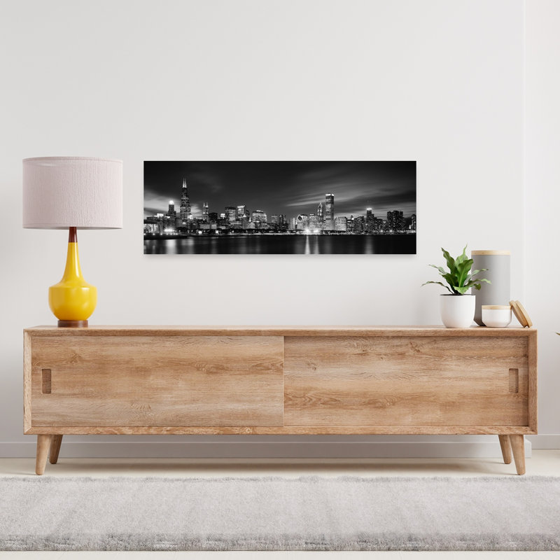 Buildings at the waterfront lit up at night Sears Tower Lake Michigan Chicago Cook County Illinois USA 1 Piece Wrapped Canvas Panoramic Wall Art