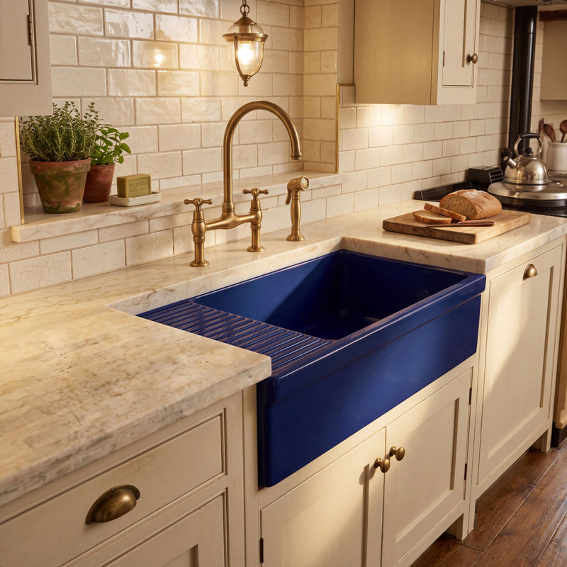 Fireclay Reversible Sink with Integral Drainboard and Decorative 2 ½" Lip on Both Sides, Glossy Blue