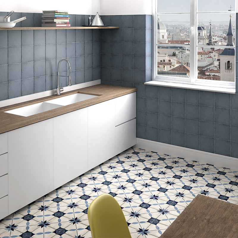 Seville Art 8" x 8" Patterned Porcelain Floor and Wall Tile, Arcade Blue