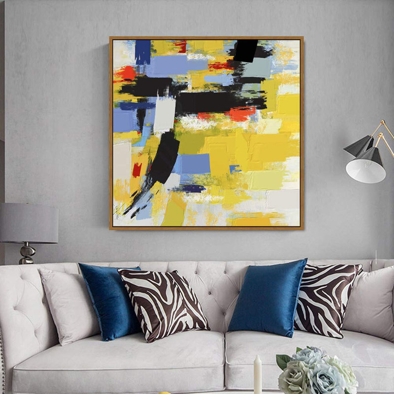 Bue, jaune, noir et rouge, coups de peinture encadrés sur toile, H 16 po x l 16 po