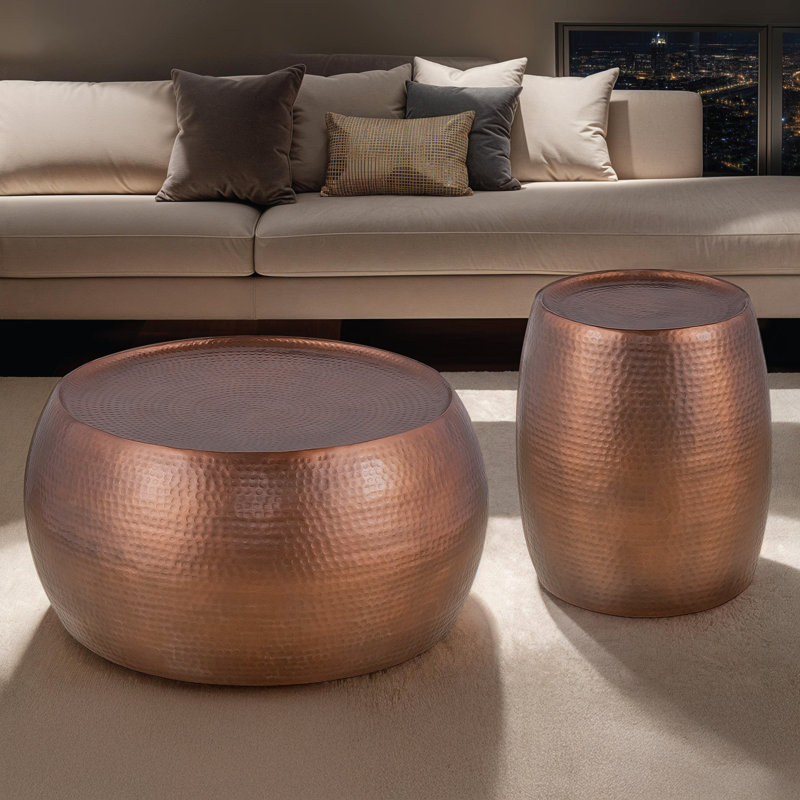 Ensemble de 2 tables basses modernes et contemporaines rondes en aluminium de 32 po et de 21 po de hauteur, Cuivre