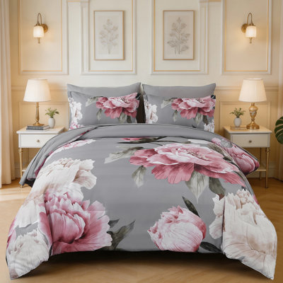 7-Piece Large-Scale Floral Comforter Set Vintage Botanical Print Duvet Cover Set Bed in a bag