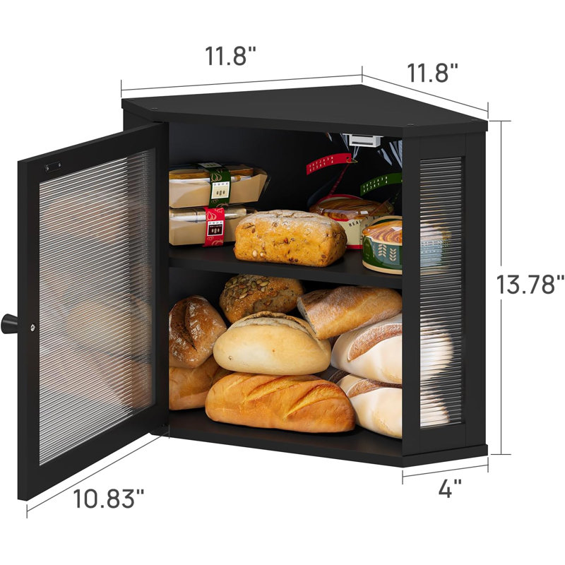 Boîte à pain de coin pour comptoir de cuisine, boîte à pain en bois de bambou noir, bac de rangement de pain de grande capacité avec panneau de porte ondulé en acrylique (noir, moyen)