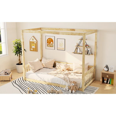 Twin Canopy Frame Floor Bed With Fence, Natural Color, Guardrails For A Relaxed Bedtime Size Rubber Wood And Comfort - Oriented Design