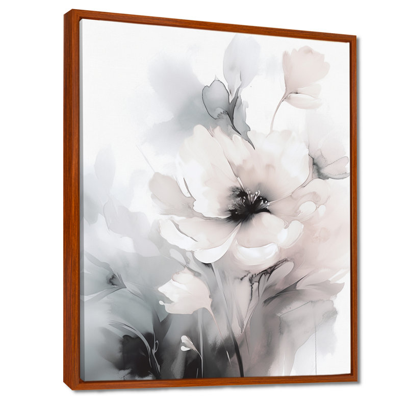 Douces fleurs gris clair I - art mural floral, H 40 po x l 30 po, Cadre flottant brun