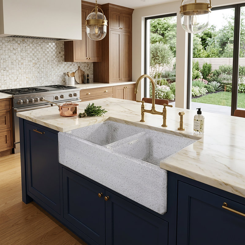 Vineyard 33" L x 18" W Double Basin Farmhouse Kitchen Sink, Pietra Sarda