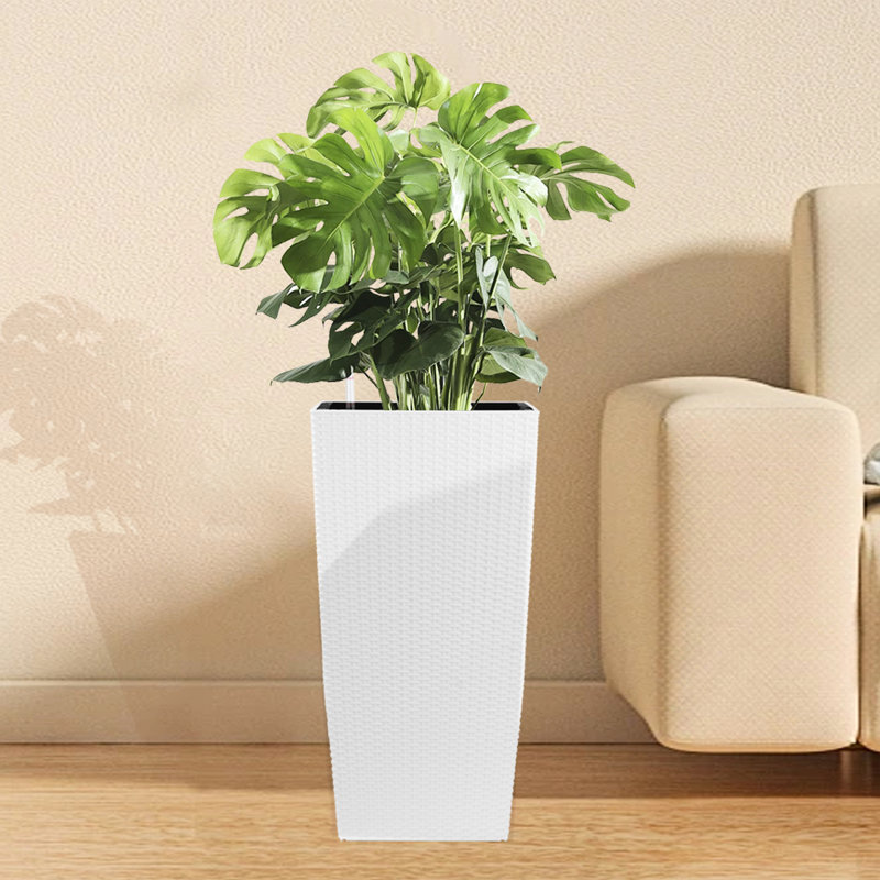 Grande jardinière carrée en plastique blanc avec arrosage automatique pour plantes d'intérieur et d'extérieur
