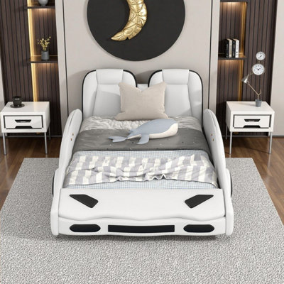 White Twin Race Car Platform Bed with Wheels - Pine Wood Kids Bed