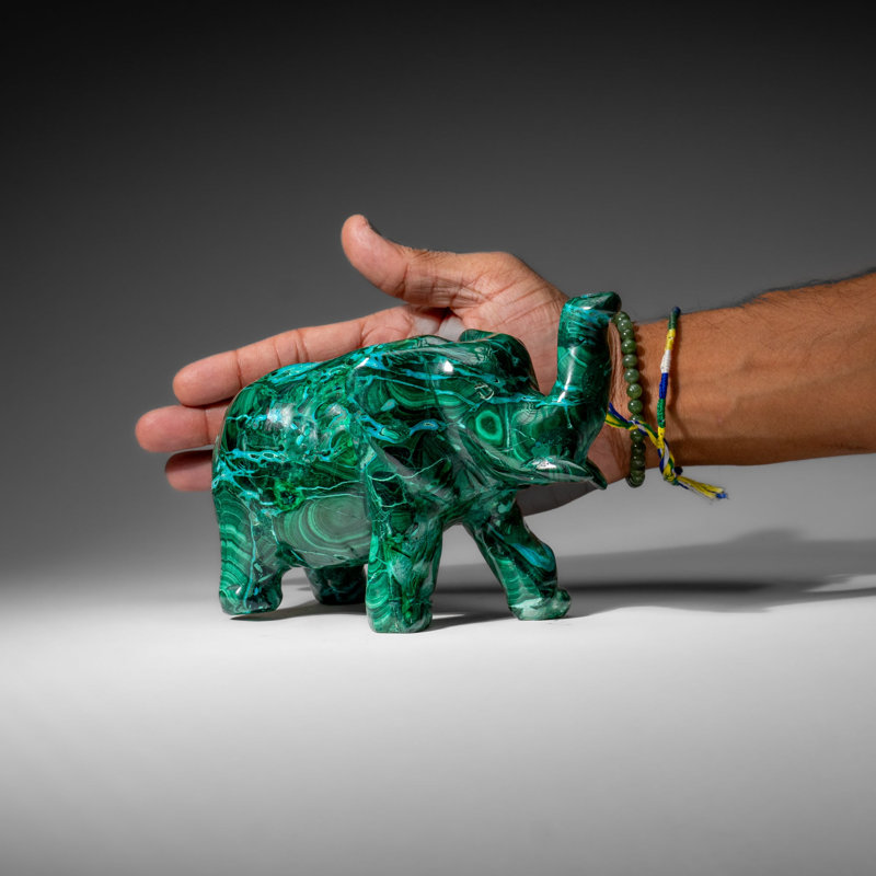 Genuine Polished Malachite Elephant Carving (4.3 lbs), 4" H x 3" W x 6.5" D
