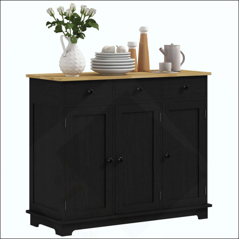Sideboard With Solid Wood Countertop, Modern Kitchen Storage Cabinet, Coffee Bar Cabinet With 3 Drawers, Doors And Adjustable Shelf