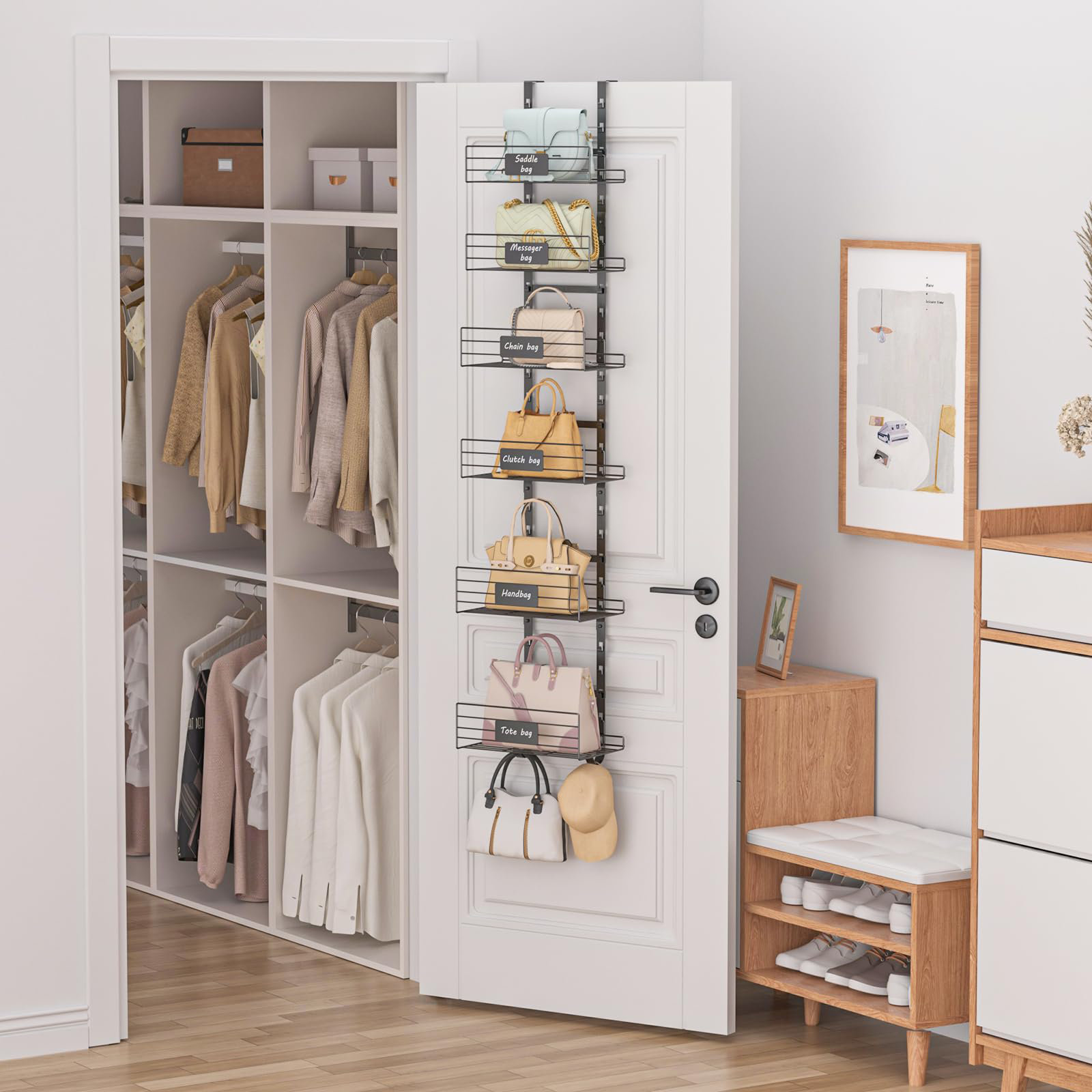 Purse Hanger Over-The-Door Rack Adjustable Baskets With Name