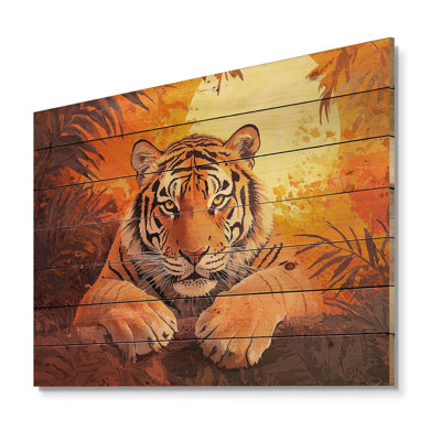 Tiger In The Jungle At Sunset - Modern Orange Wood Print On Natural Pine Wood