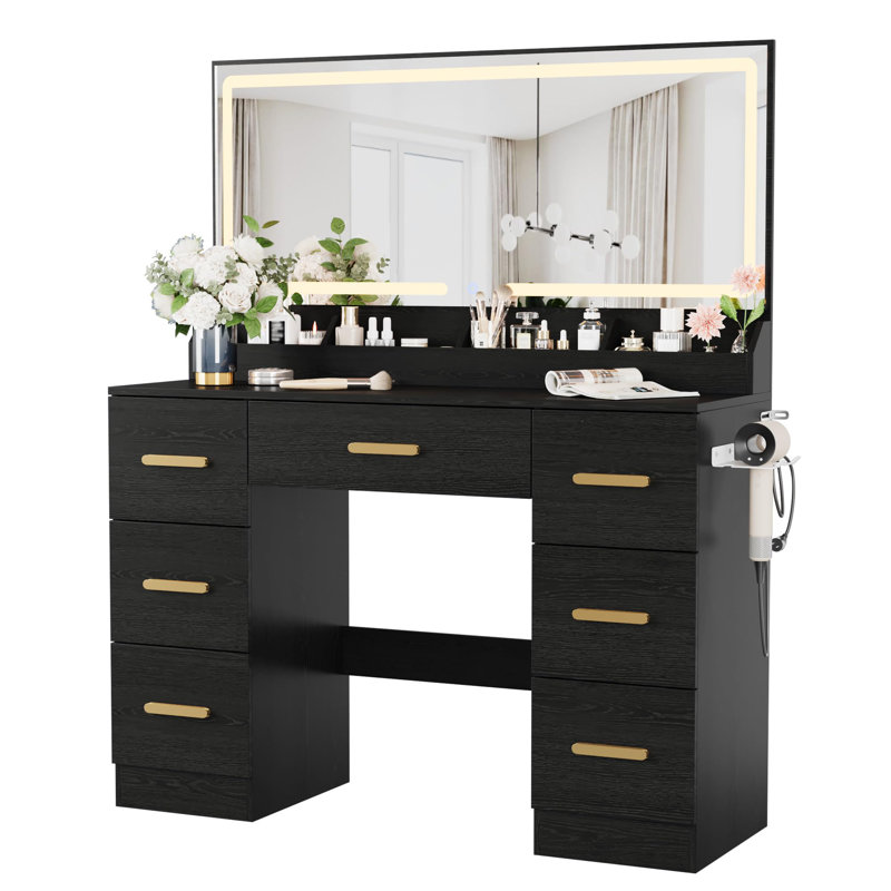 Bureau de meuble-lavabo avec grand miroir et lumières, bureau de maquillage 45,9 po, 3 modes d'éclairage à luminosité réglable, table de coiffeuse avec prise de courant et 8 tiroirs, pour salle d'eau et chambre à coucher