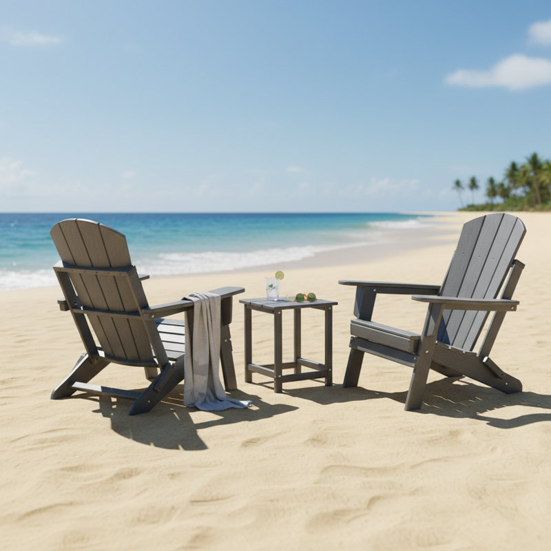 Folding Outdoor Adirondack Chair Set of 2 with Table, HDPE All-Weather, Ergonomic Design for Patio, Deck, and Garden, Gray