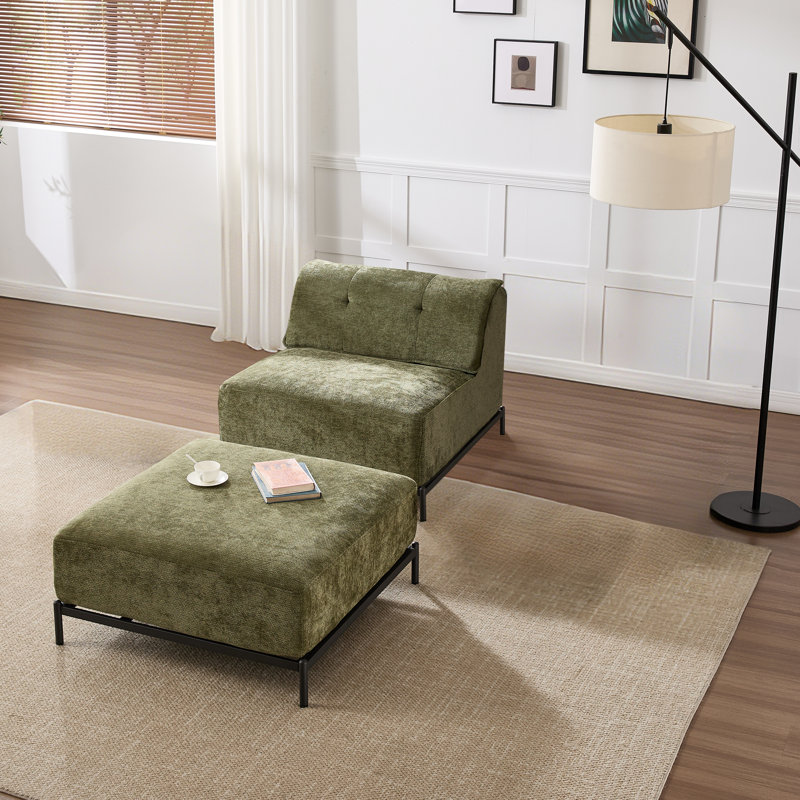 Canapé rembourré en chenille avec repose-pieds, Chenille verte