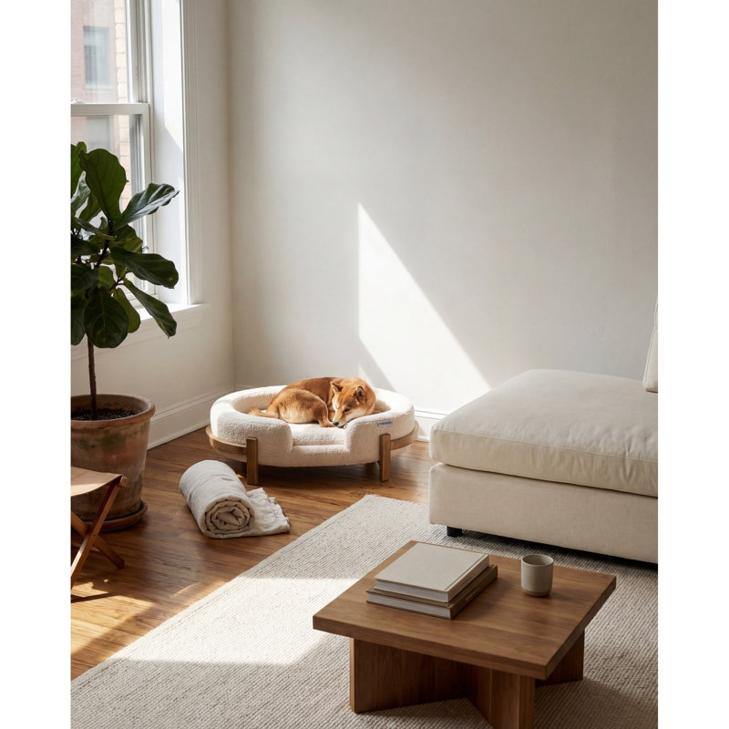 Lit ovale apaisant pour animal de compagnie, mobilier en tissu durable pour animaux avec structure en bois massif - Beige