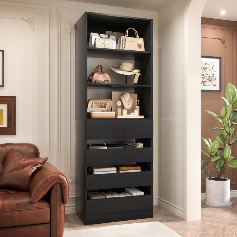 Rushville Closet System with 4 Drawer, 80" Tall Freestanding Wardrobe System, Black