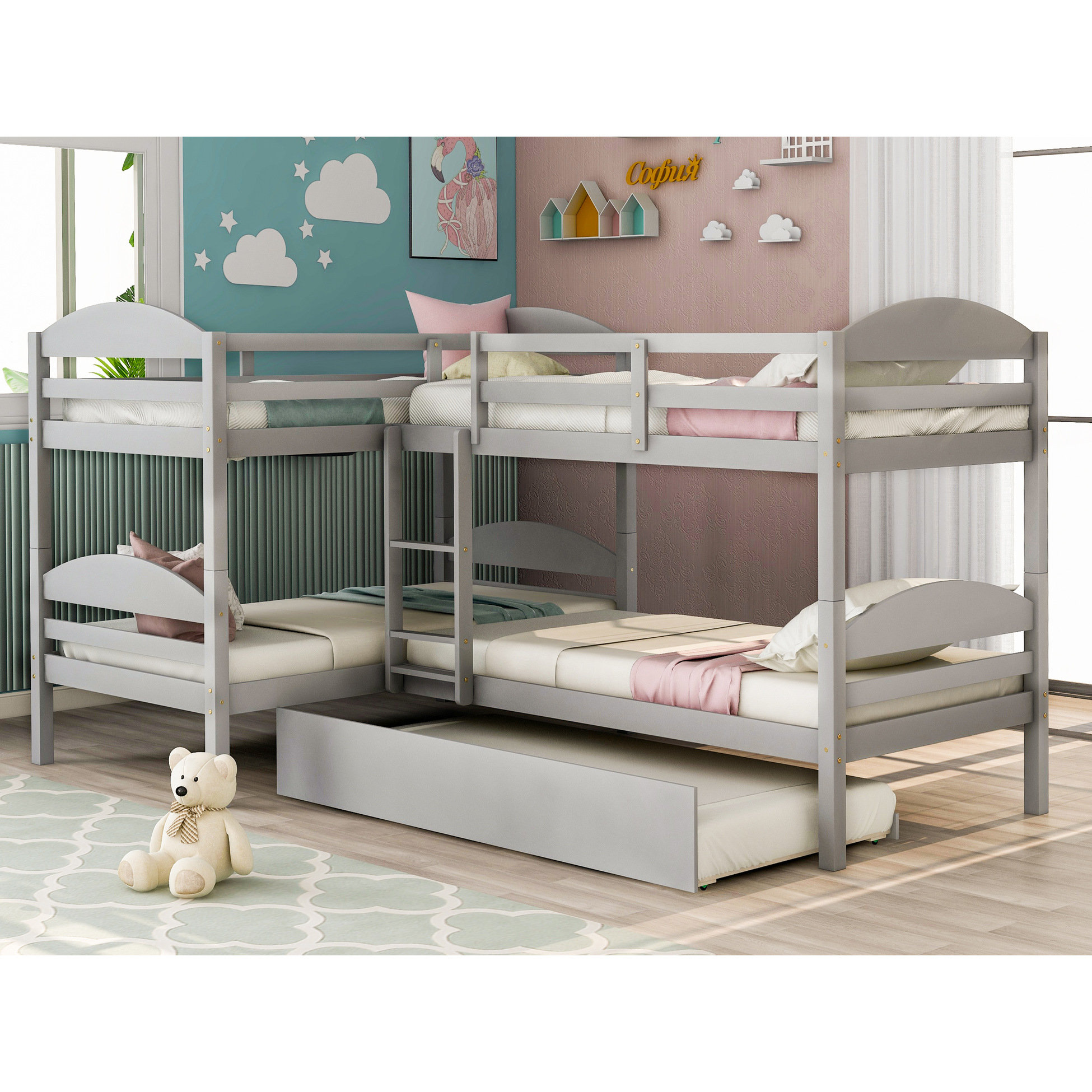 Latitude Run® Twin L-Shaped Bunk Bed With Trundle In Gray - Provides ...