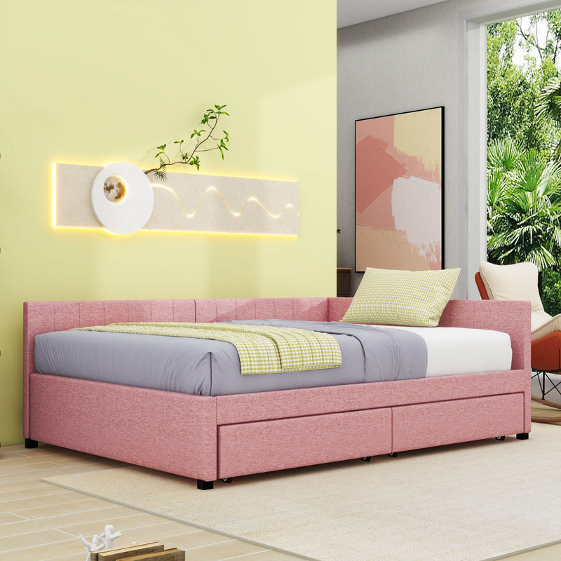 2 Drawers Full Upholstered Daybed, Semi-Closed Design, Pink