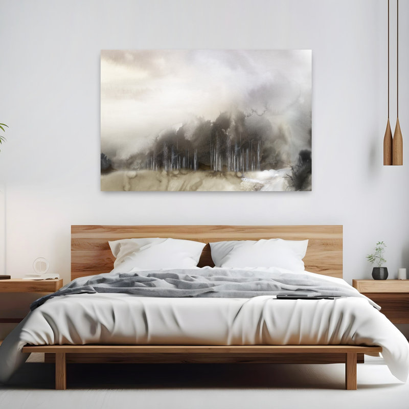 «Misty Forest Under Grey Skies», art contemporain de paysage contemporain, H 40 po x l 60 po