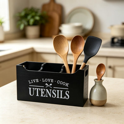 Porte-ustensiles de cuisine en bois véritable avec fond égouttoir, grand compartiment de rangement pour ustensiles de cuisine de style campagnard, fixation murale