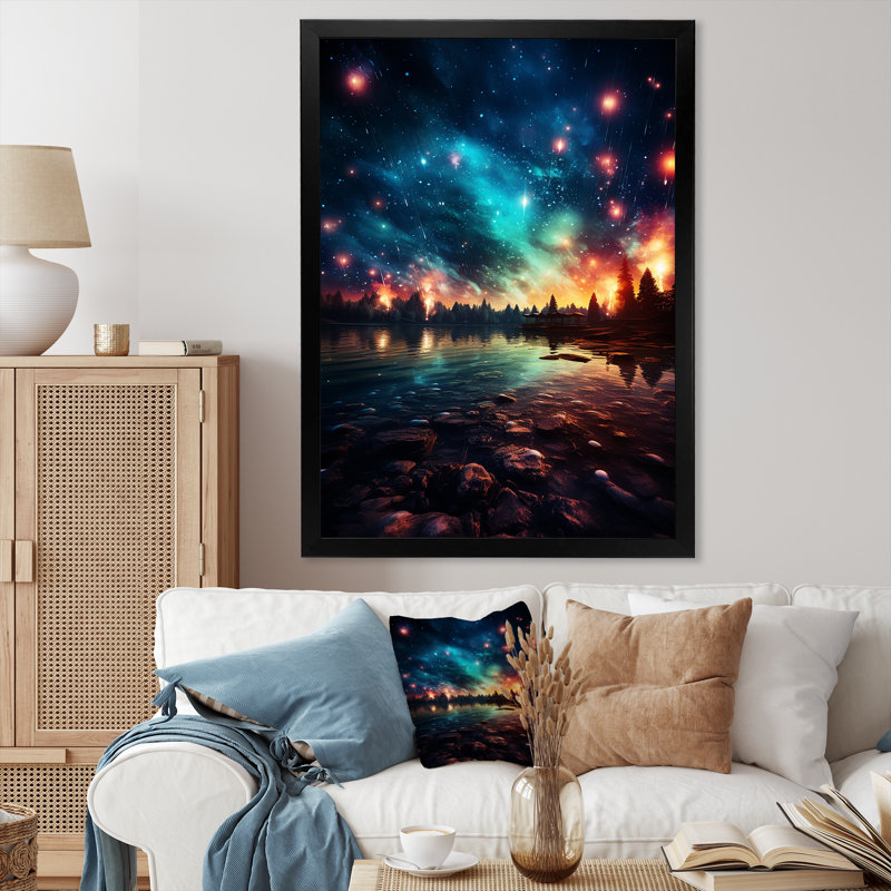 Feux d'artifice vert et rouge au bord du lac I - Art mural, Cadre simple noir, H 20 po x l 12 po x P 1 po
