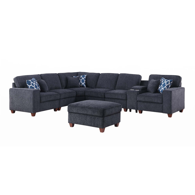 Sectional Sofa With Ottoman, Black Linen