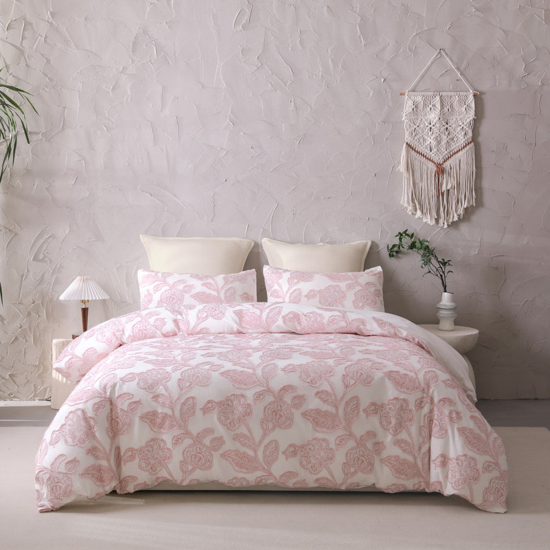 Ensemble d'édredon en coton jacquard 5 pièces, avec 2 taies décoratives et 2 taies décoratives européennes., Grand lit, Rose