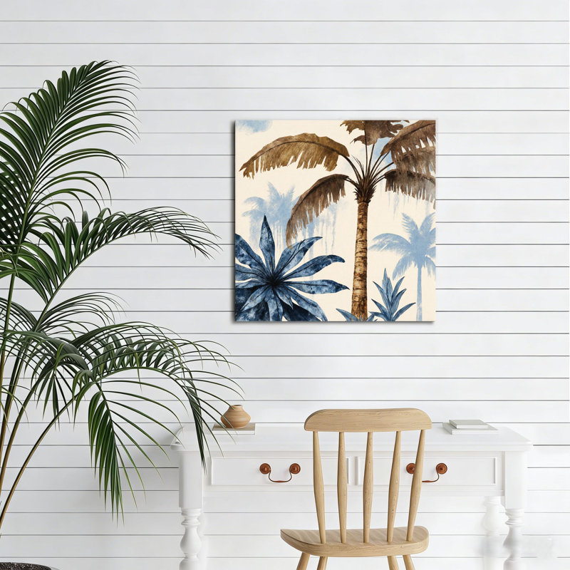 Palmier tropical rétro et feuillage, art mural sans cadre, 16 x 16