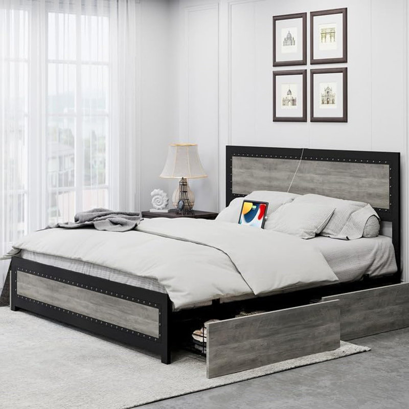Industrial Platform Bed Frame With 4 Storage Drawers And Charge Station, Full, Dark Gray