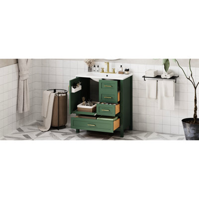 Meuble-lavabo de 30 po avec cadre en bois massif et lavabo en céramique, tiroirs à fermeture en douceur, armoire élégante avec lavabo, largeur et mécanisme, meubles