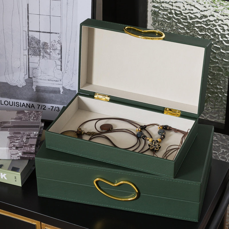 Boîtes décoratives en similicuir avec couvercles pour la décoration intérieure, ensemble de 2 boîtes à charnières empilables pour table basse et tablettes de salon, support de télécommande emboîtable, vert forêt