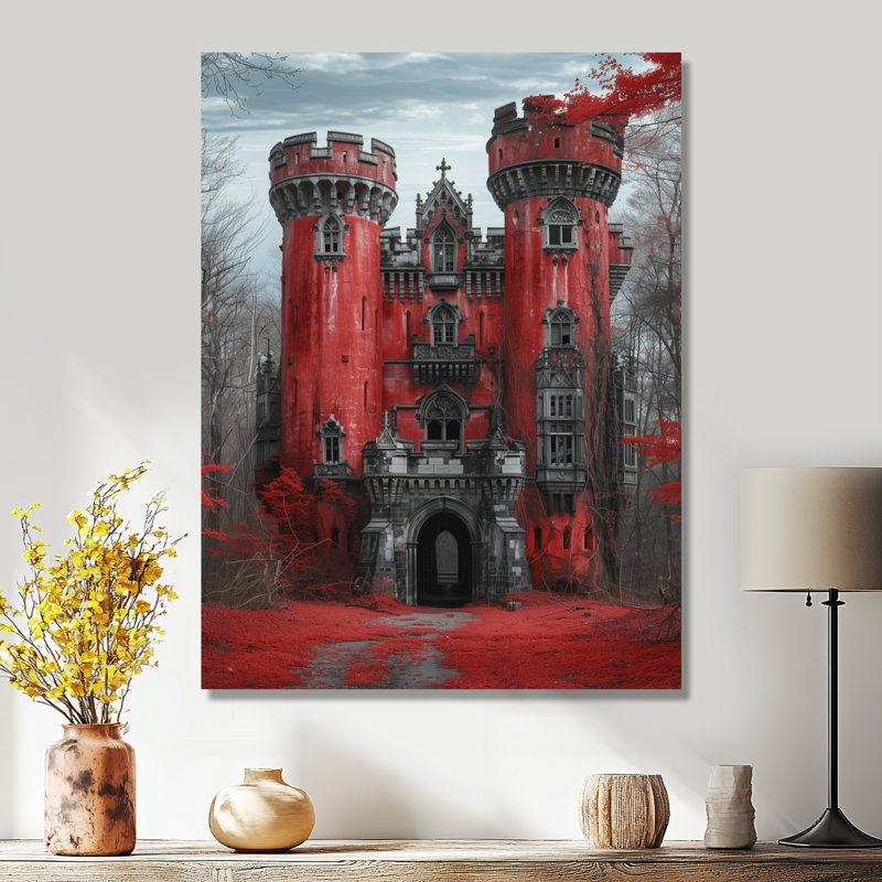 Monochromes gris rouge, automne, Angleterre, château II - châteaux, art mural, H 32 po x l 16 po x P 1 po, Toile tendue