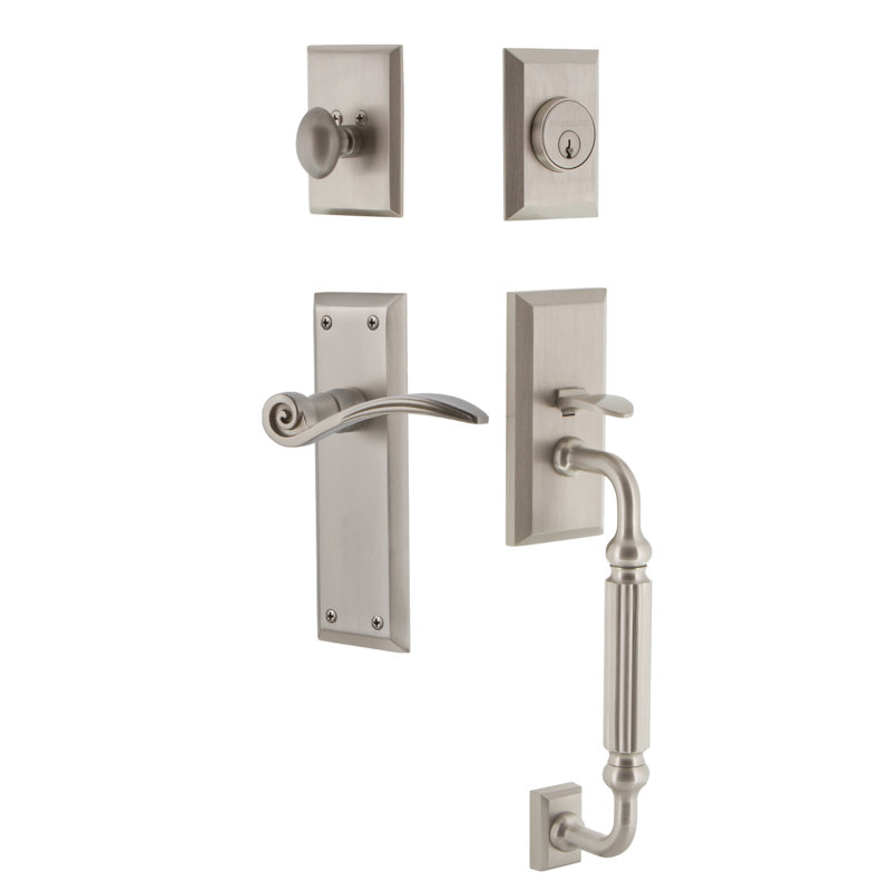 Nostalgic Warehouse New York Plate F Grip Handleset with Single Cylinder Deadbolt and Swan Lever, Satin Nickel, 2 3/4", Left
