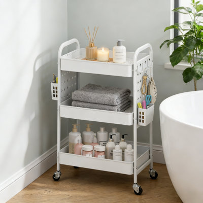 3-Tier Rolling Utility Cart With DIY Hanging Board, Metal Storage Cart Equipped With Wheels Handles Baskets Hooks
