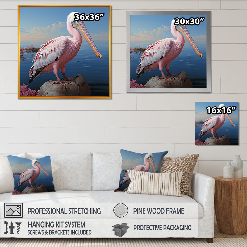 Pélican rose - art mural animaux côtiers, Cadre flottant doré, H 16 po x l 16 po