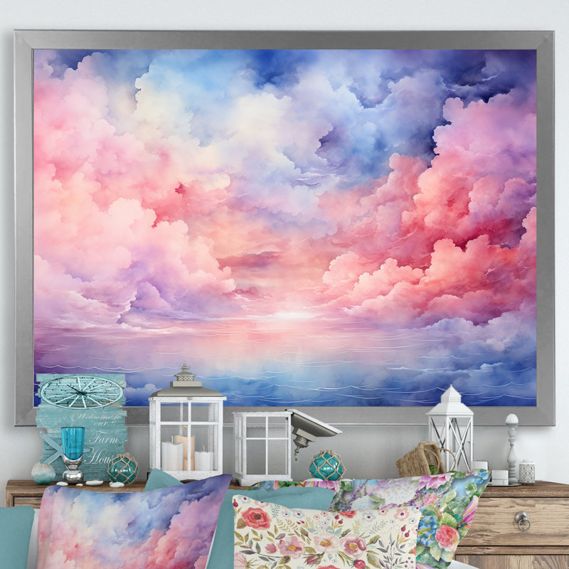 Rose et bleu pastel coloré ciel II - art mural ciel, Cadre de coin argenté fermé, H 30 po x l 40 po x P 1,5 po