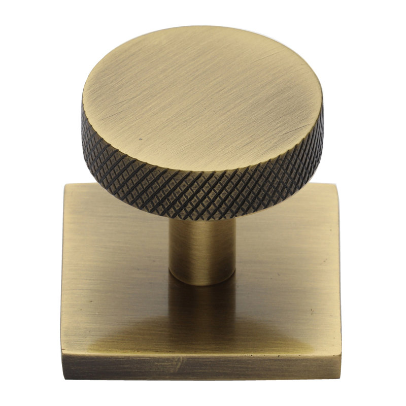 Heritage Brass Cabinet Knob Disc Knurled Design with Square Backplate
