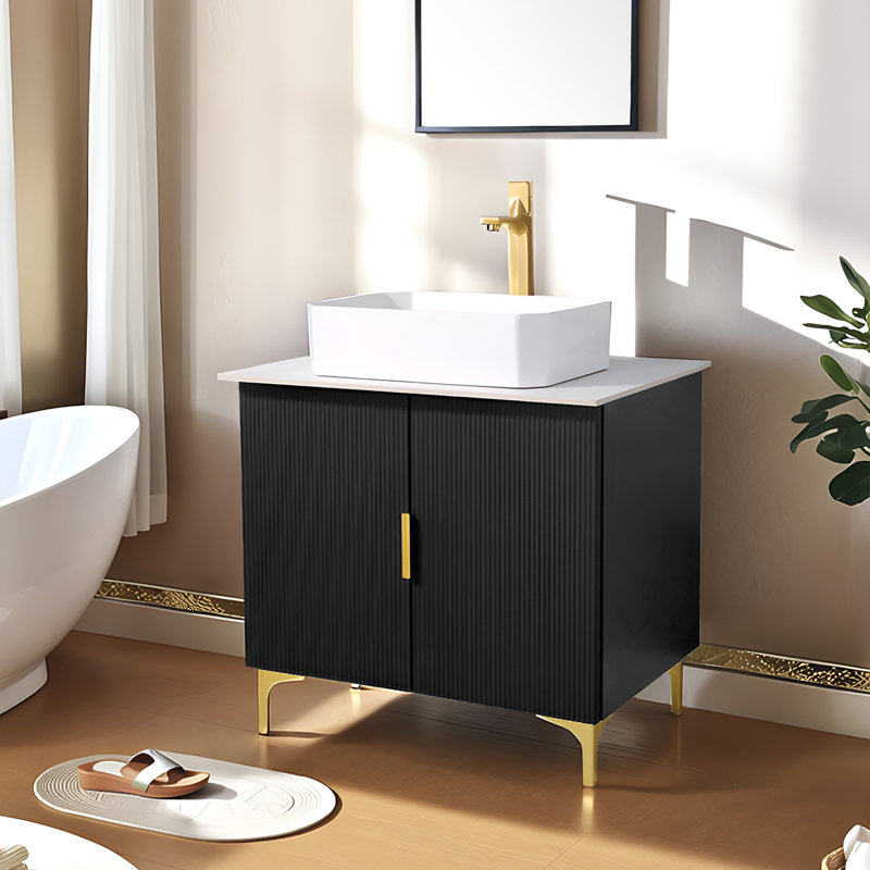 30" Modern Free-Standing Single Bathroom Vanity With Ceramic Top, Black